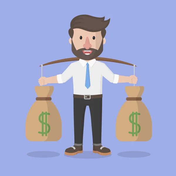 Hombre de negocios llevando un saco de dinero — Vector de stock