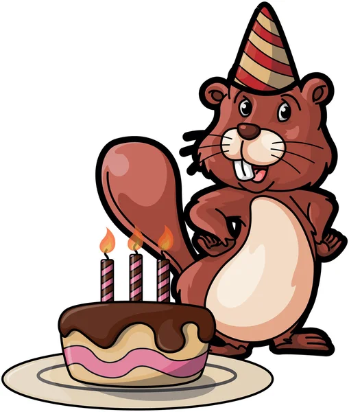 Squirell con pastel de cumpleaños usando disfraz de fiesta de cumpleaños — Vector de stock