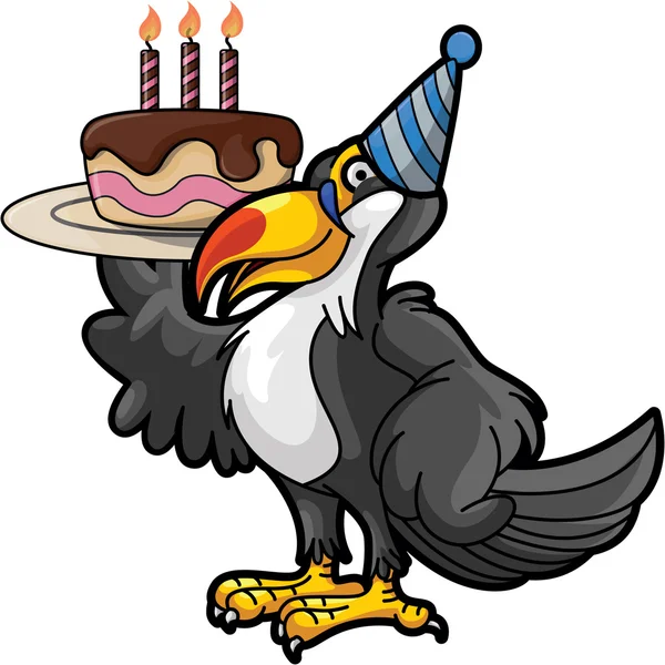 Tucán con pastel de cumpleaños usando traje de fiesta de cumpleaños — Vector de stock