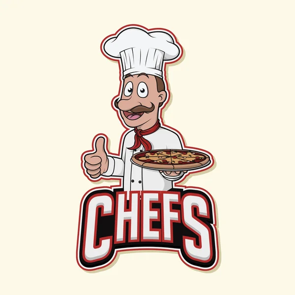 Szef kuchni trzymając projekt ilustracja logo pizza — Wektor stockowy