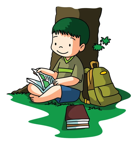 Niño leyendo libro bajo el árbol — Vector de stock