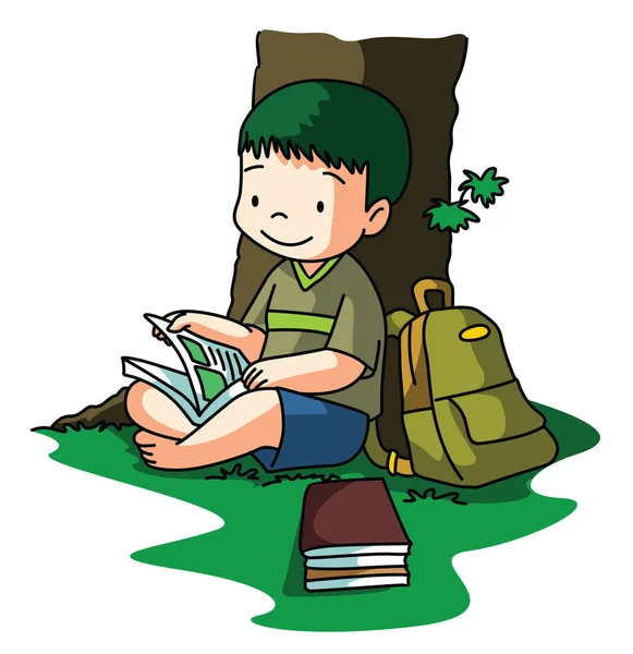 Boy reading book under tree Royalty Free Stock Illustrations