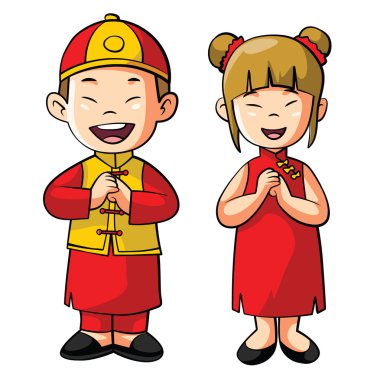 Çin kostüm çift çizgi film illüstrasyon