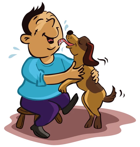 Homem feliz com cão amigável — Vetor de Stock
