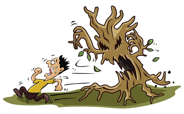 Hombre asustado con monstruo árbol — Vector de stock