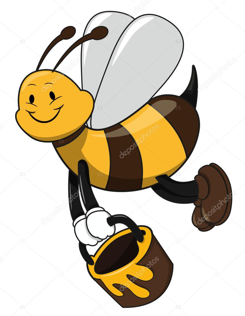 Bee flying with jar of honey