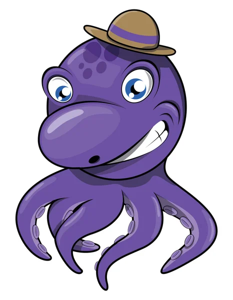 Pulpo de dibujos animados púrpura en sombrero — Archivo Imágenes Vectoriales