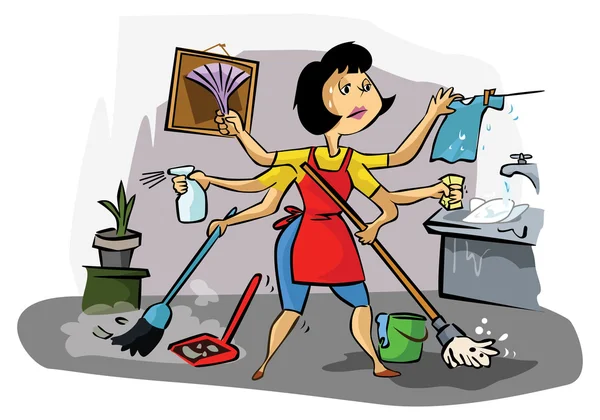 Busy housekeeper doing many tasks — Stock Vector