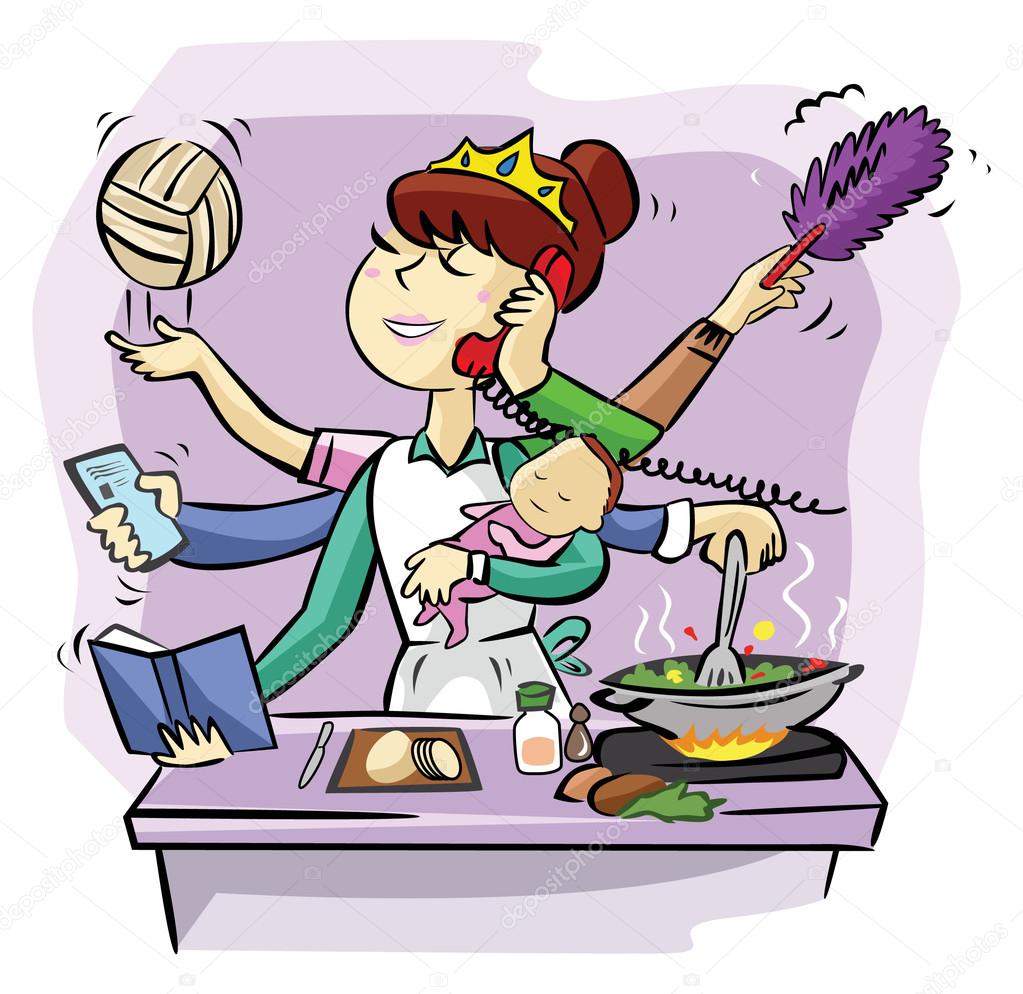 Busy Mother Doing Many Tasks — Stock Vector