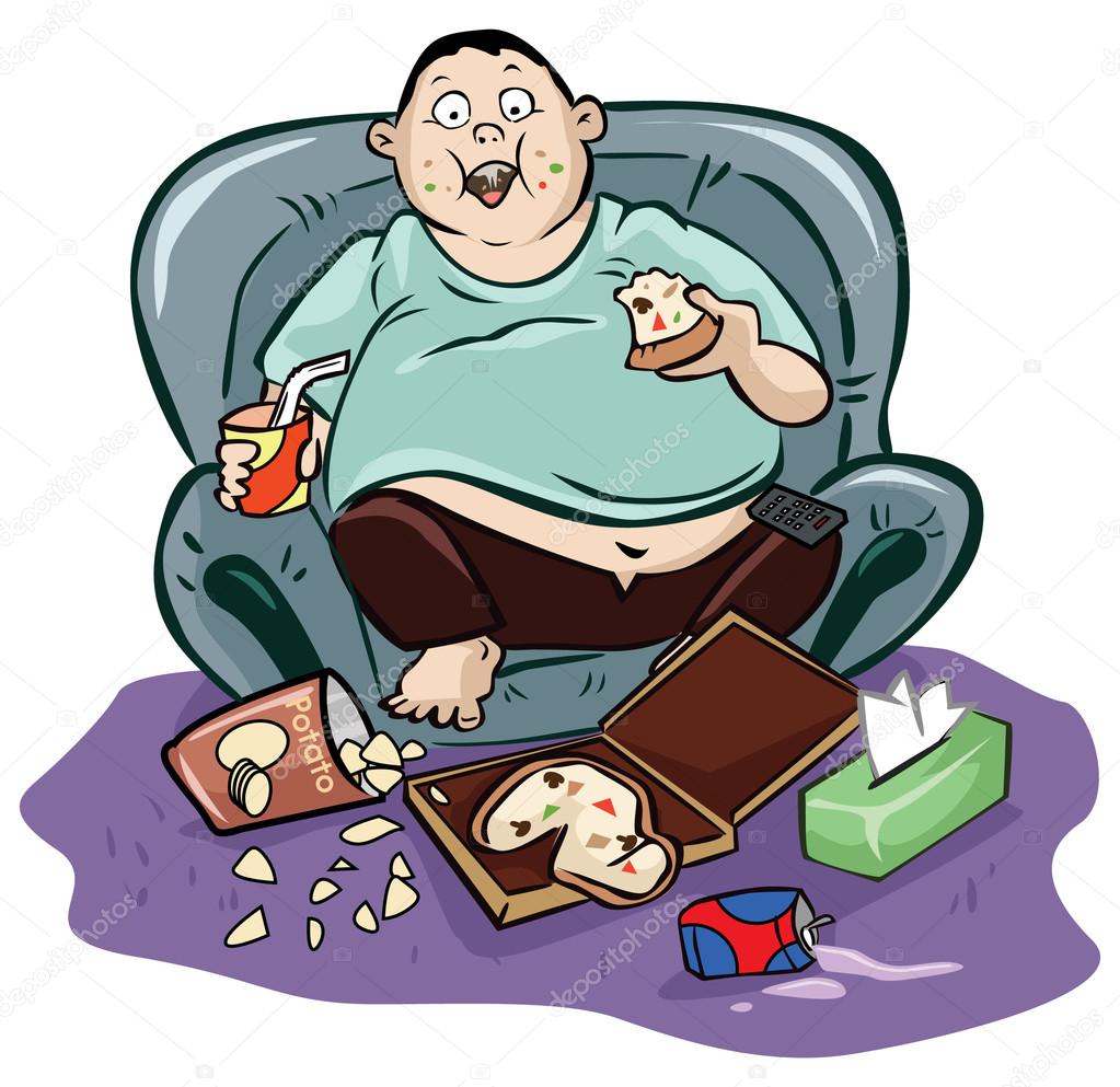 overweight man eating pizza