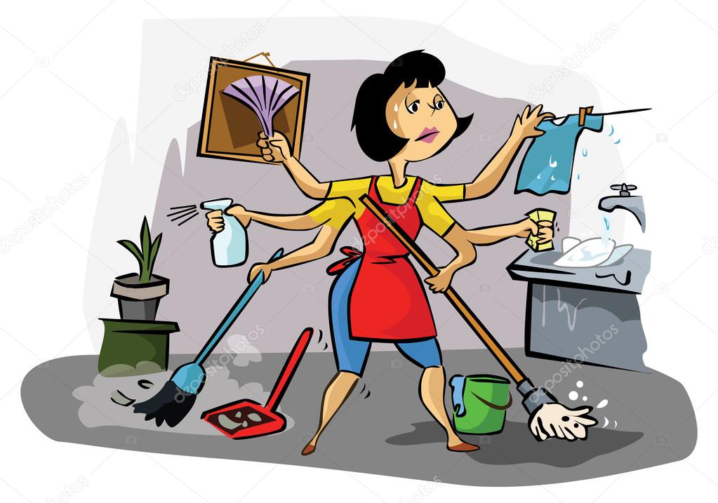 Busy housekeeper doing many tasks