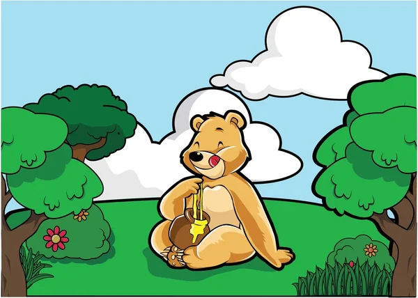 吃蜂蜜的熊卡通 — 图库矢量图片