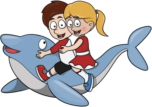 Niños y niñas montando delfines — Vector de stock