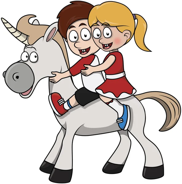 Niños y niñas montando unicornio — Vector de stock