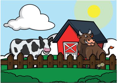 İnek ve boğa çiftlik sahne