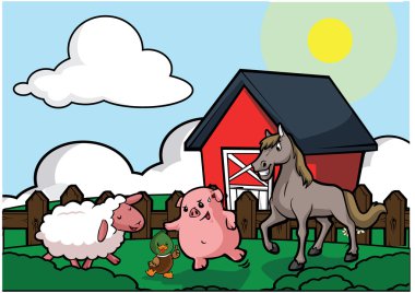 Çiftlik evi sahne ördek, domuz, at ve koyun