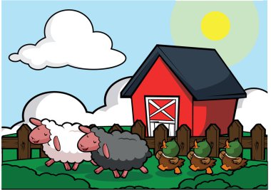 Çiftlik evi sahne ördek, at ve koyun