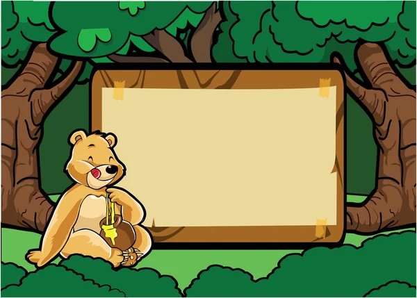 Honey bear at forest scene with wood banner — Stock Vector