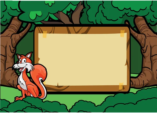 Fox op bos scène met hout banner — Stockvector