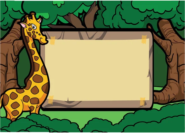 Girafe scène forestière avec bannière en bois — Image vectorielle
