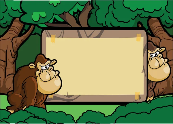Ape Gorilla bos scène met hout banner — Stockvector