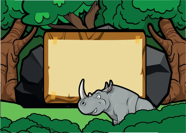 Nashorn-Waldszene mit Holz-Banner — Stockvektor