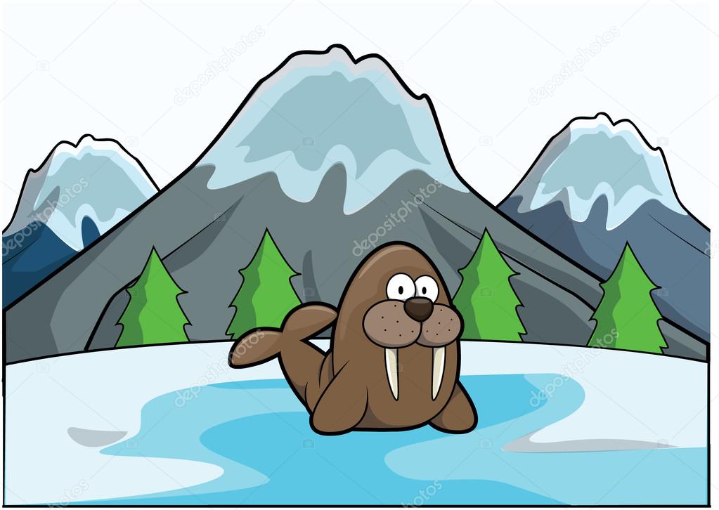 walrus at ice mountain scene
