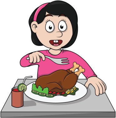 kız yemek kızarmış tavuk çizgi film illüstrasyon