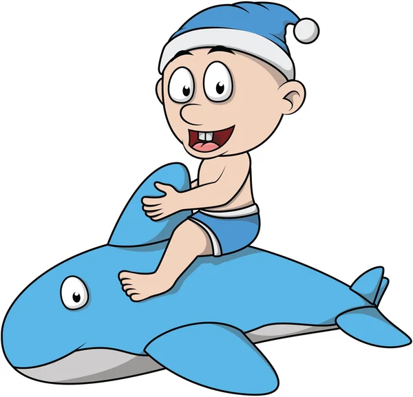 Bambino giocare delfino cartone animato illustrazione — Vettoriale Stock