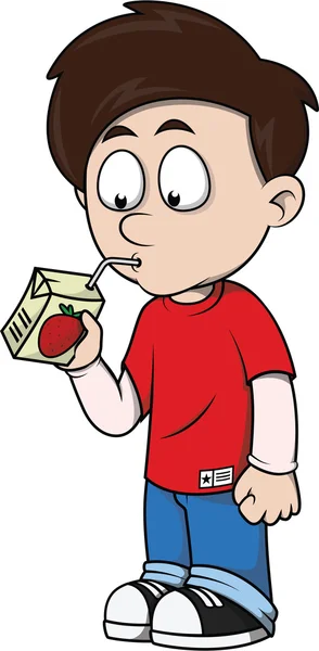 Boy drink strawberry juice cartoon illustration — 图库矢量图片