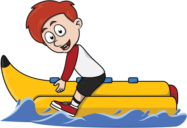 男孩玩香蕉船卡通插图 — 图库矢量图片