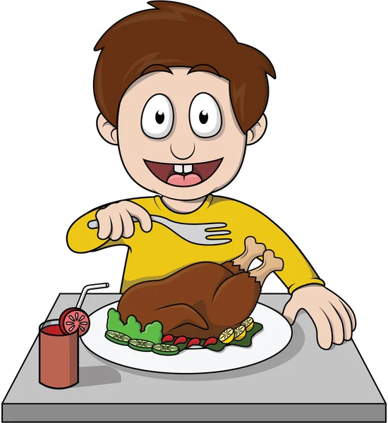 Ragazzo mangiare arrosto pollo cartone animato illustrazione — Vettoriale Stock