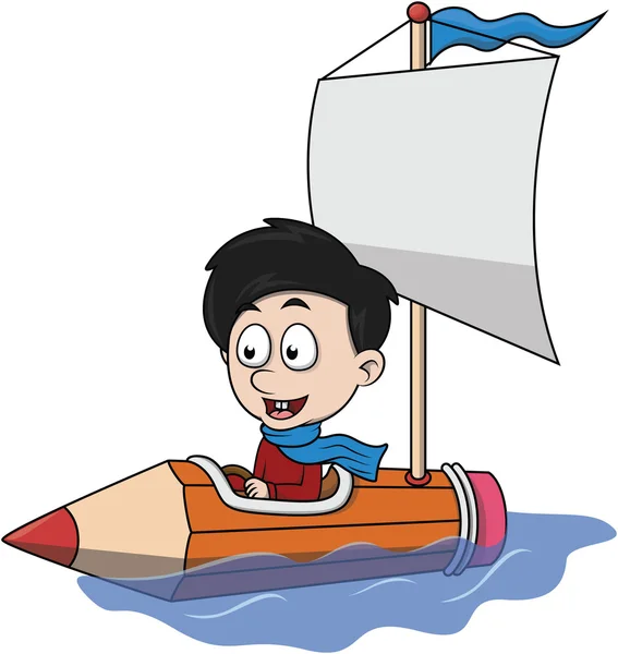 Chlapec hrát člun z tužkou kreslený obrázek — Stockový vektor