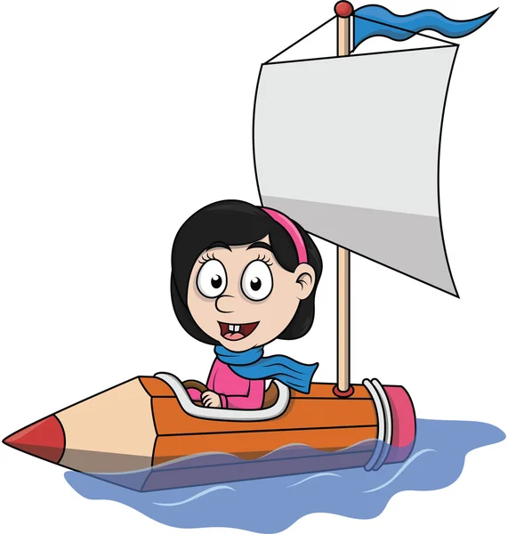 Chica jugando barco lápiz — Vector de stock