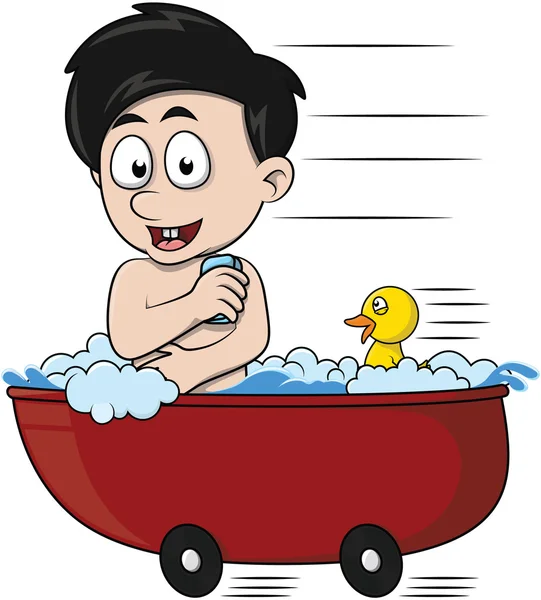 Chłopiec się kąpać z kaczka zabawka ilustracja kreskówka — Wektor stockowy