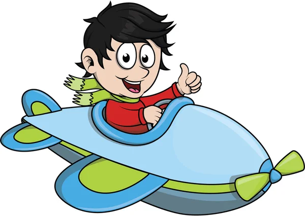 Мальчик за рулем самолета и большой палец вверх — стоковый вектор