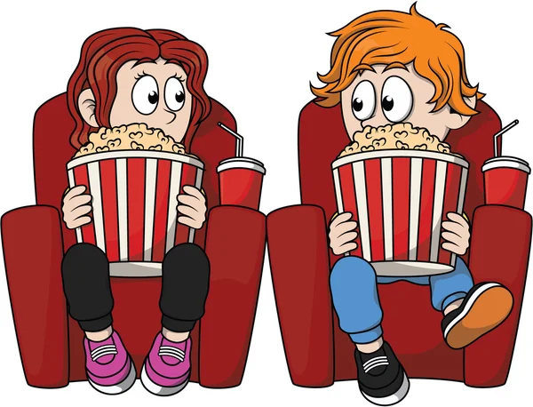 Crianças assistindo cinema e comer milho pop —  Vetores de Stock