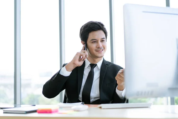 Smart Good Looking Asian Young Businessman Talking Cellphone Office Close — Stock Photo, Image