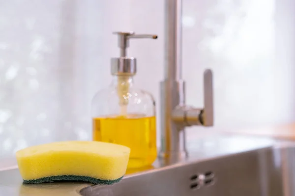 Dirty Dish Washing Sponge Liquid Detergent Bottle Sink Kitchen Close — Stock Photo, Image