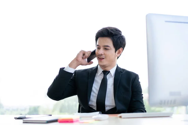 Smart Good Looking Asian Young Businessman Talking Cellphone Office Close — Stock Photo, Image