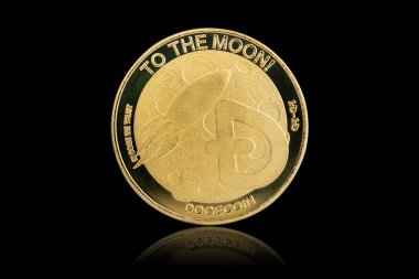 Isolated with clipping path, the golden DOGE Coin symbol close up. Doge coin is one of the digital currency - cryptocurrency driven by blockchain technology. clipart
