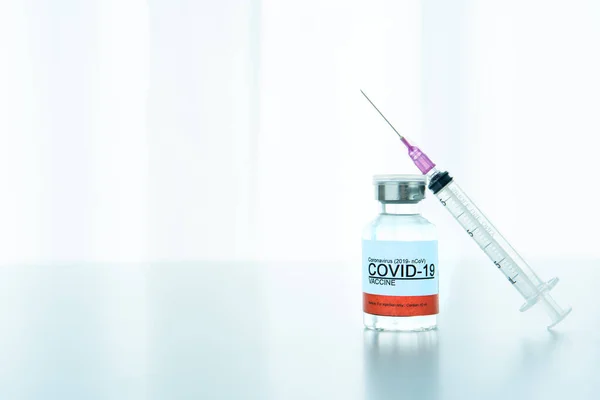 Coronavirus - 2019-nCoV or COVID-19 vaccine bottles for injection use only. Urgent vaccine research and production use in COVID-19 - Coronavirus disease. COVID-19 vaccine close up with copyspace.