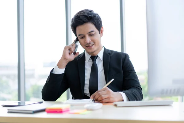 Smart Good Looking Asian Young Businessman Talking Cellphone Office Close — Stock Photo, Image