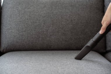 Tanımlanamayan Asyalı bir temizlikçi vakum makinesi kullanıyor oturma odasındaki koltuğun tozunu temizliyor. Temizlik ve temizlik için evini temizleyen bir adam. Elektrik süpürgesi ve ev işi.