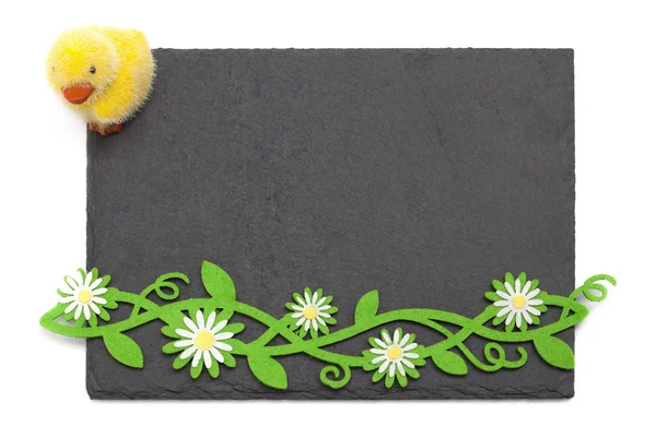 Easter Slate board, little chick and Flower Border — Stock Photo, Image