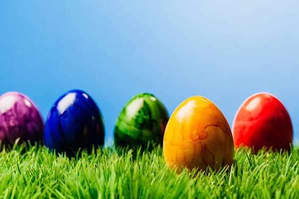 Cinq œufs de Pâques peints dans l'herbe, fond bleu — Photo