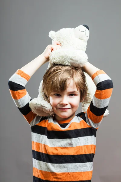 Cute Preschooler having fun with his stuffed Toy — Stock Photo, Image