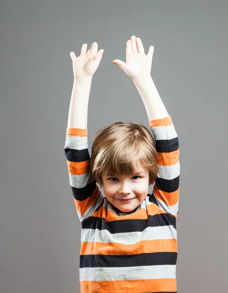 Cute Preschooler having fun, Hands up in the Air — Stock Photo, Image