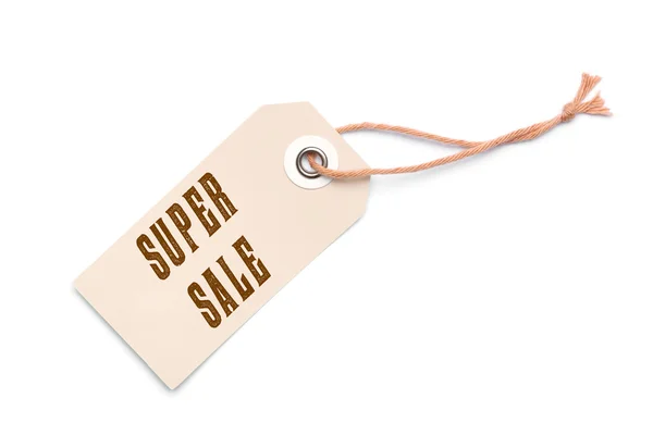 Brown carton Super Sale label tag sales message — Stock Photo, Image