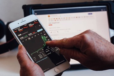 BERLIN, GERMANY - JANUARY 31, 2021: Close up to GameStop stock exchange chart with Reddit social media discussion platform in background on iPad